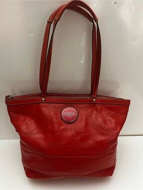 Vintage Coach Signature Embossed Leather Tote Bag Orange Zipper Closure Y2K
